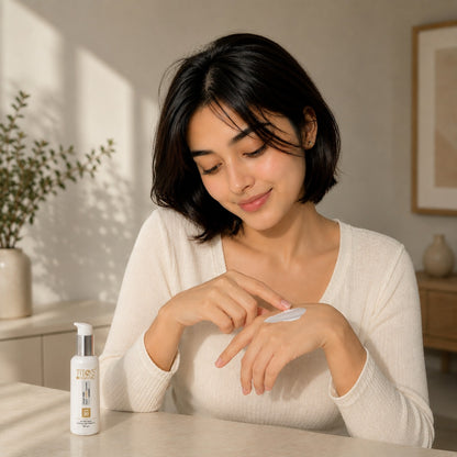 Woman applying Tito’s Organic Goat Milk Face Sunscreen Cream SPF 30 as part of daily skincare routine