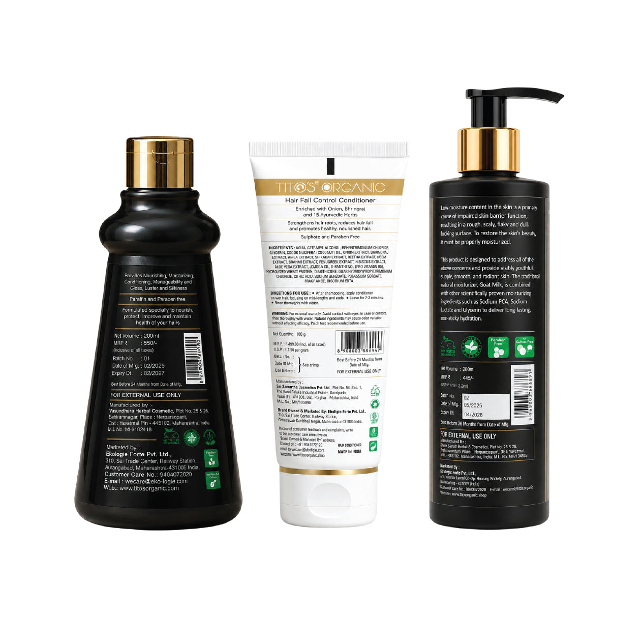 Back view of Tito's Organic Family Care Kit showing product labels, ingredients and usage information for Castor Hair Oil, Face Wash and Skin Moisturizer.