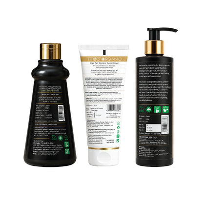 Back view of Tito's Organic Family Care Kit showing product labels, ingredients and usage information for Castor Hair Oil, Face Wash and Skin Moisturizer.