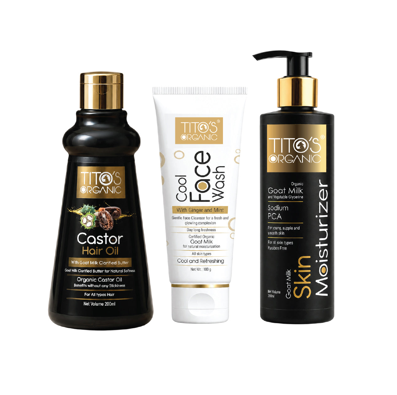 Front view of Tito's Organic Family Care Kit with Castor Hair Oil, Goat Milk Face Wash and Goat Milk Skin Moisturizer.