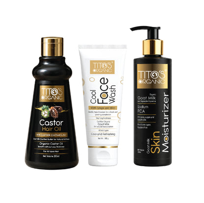 Front view of Tito's Organic Family Care Kit with Castor Hair Oil, Goat Milk Face Wash and Goat Milk Skin Moisturizer.