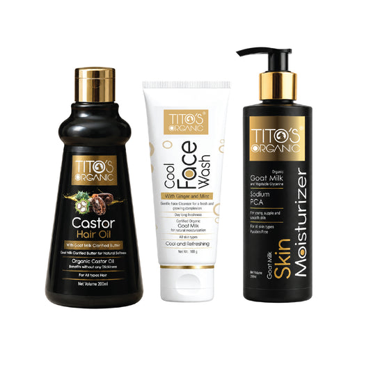 Front view of Tito's Organic Family Care Kit with Castor Hair Oil, Goat Milk Face Wash and Goat Milk Skin Moisturizer.