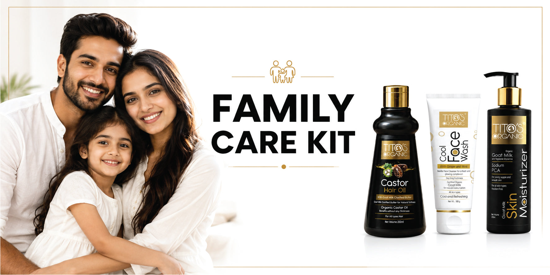 Happy family with Tito's Organic Family Care Kit featuring Castor Hair Oil, Goat Milk Face Wash and Skin Moisturizer.