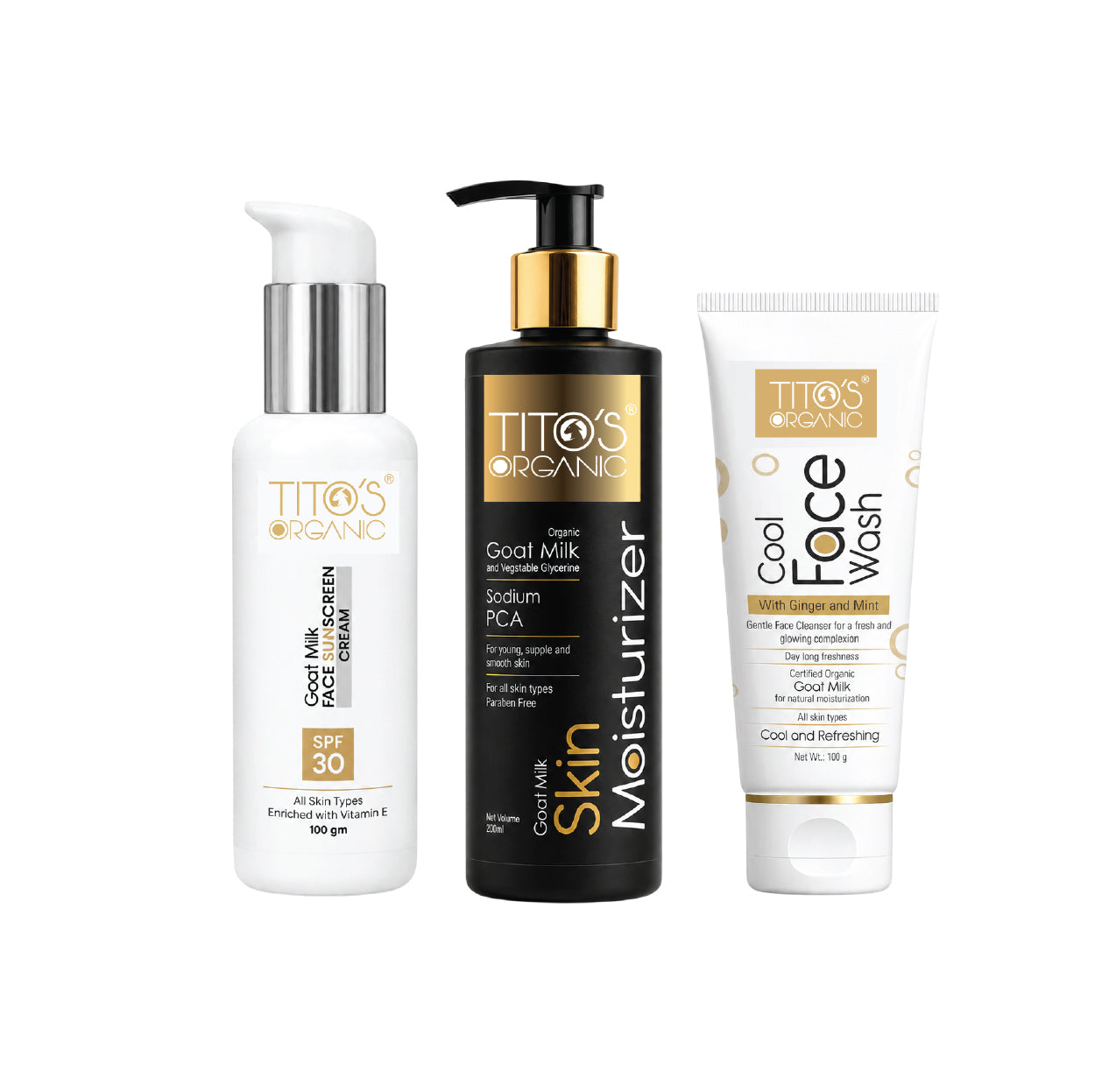 Tito's Organic Glow Kit featuring Goat Milk Face Wash, Skin Moisturizer and SPF 30 Sunscreen for a complete daily skincare routine