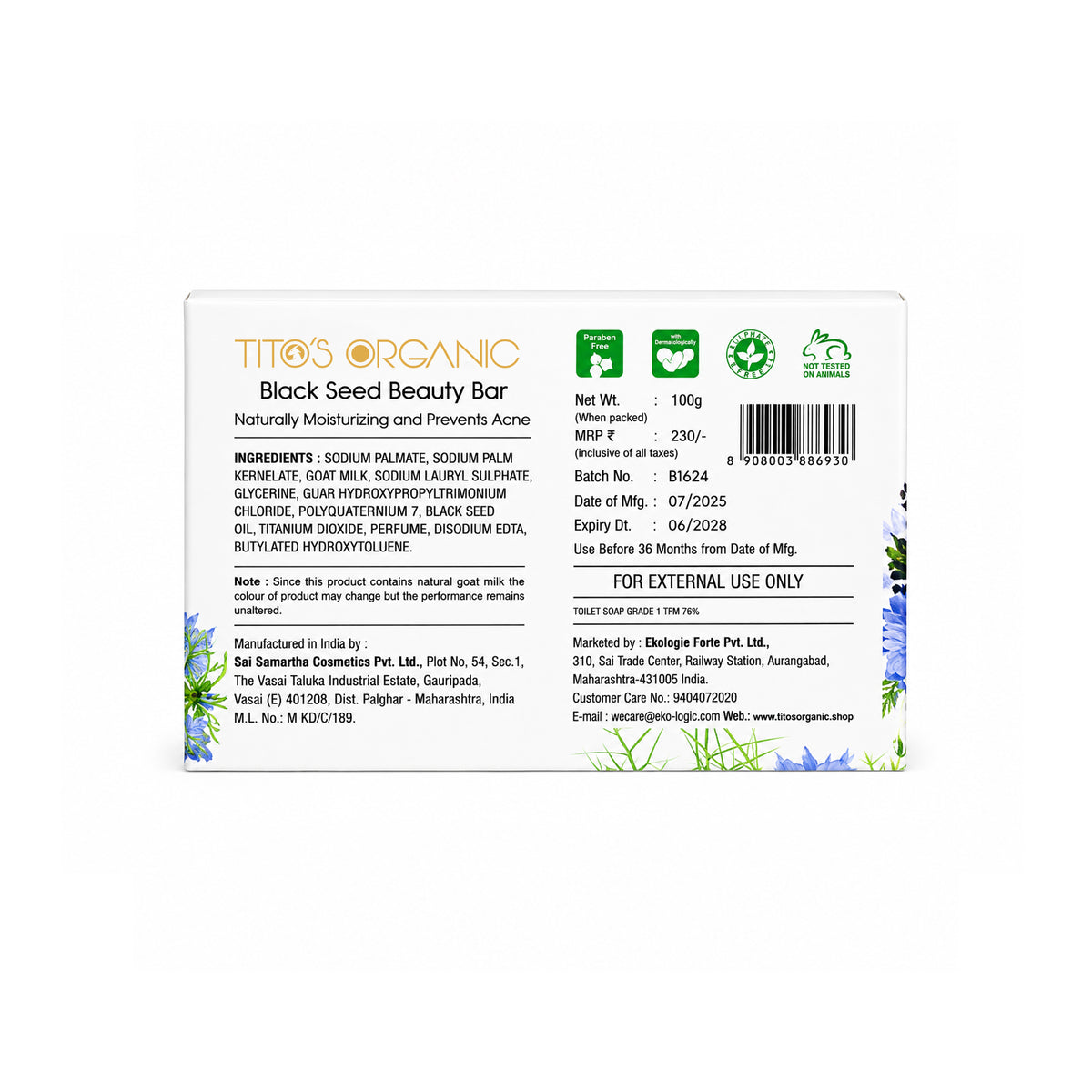 Tito's Organic Goat Milk Black Seed Beauty Bar 75g back view
