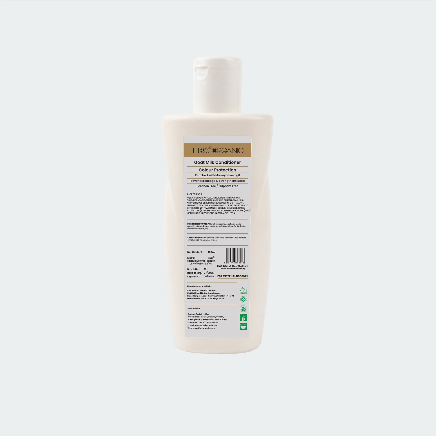 Back label of Tito’s Organic Goat Milk Colour Protection Conditioner showing ingredients usage directions and product details