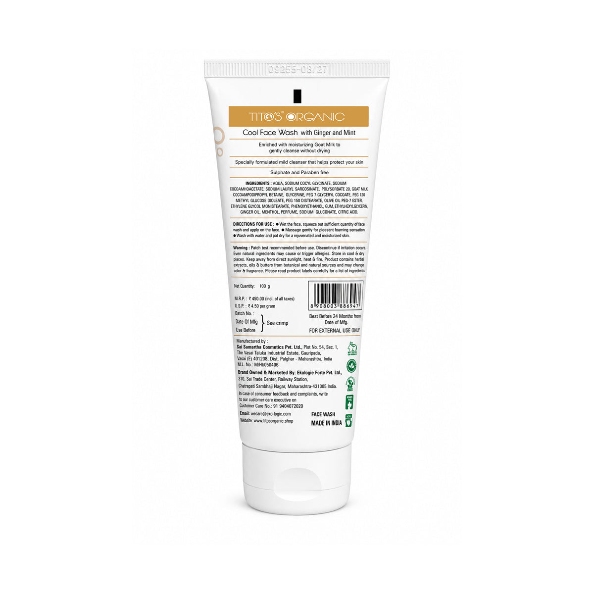 Tito's Organic Goat Milk Cool Face Wash 100g back view