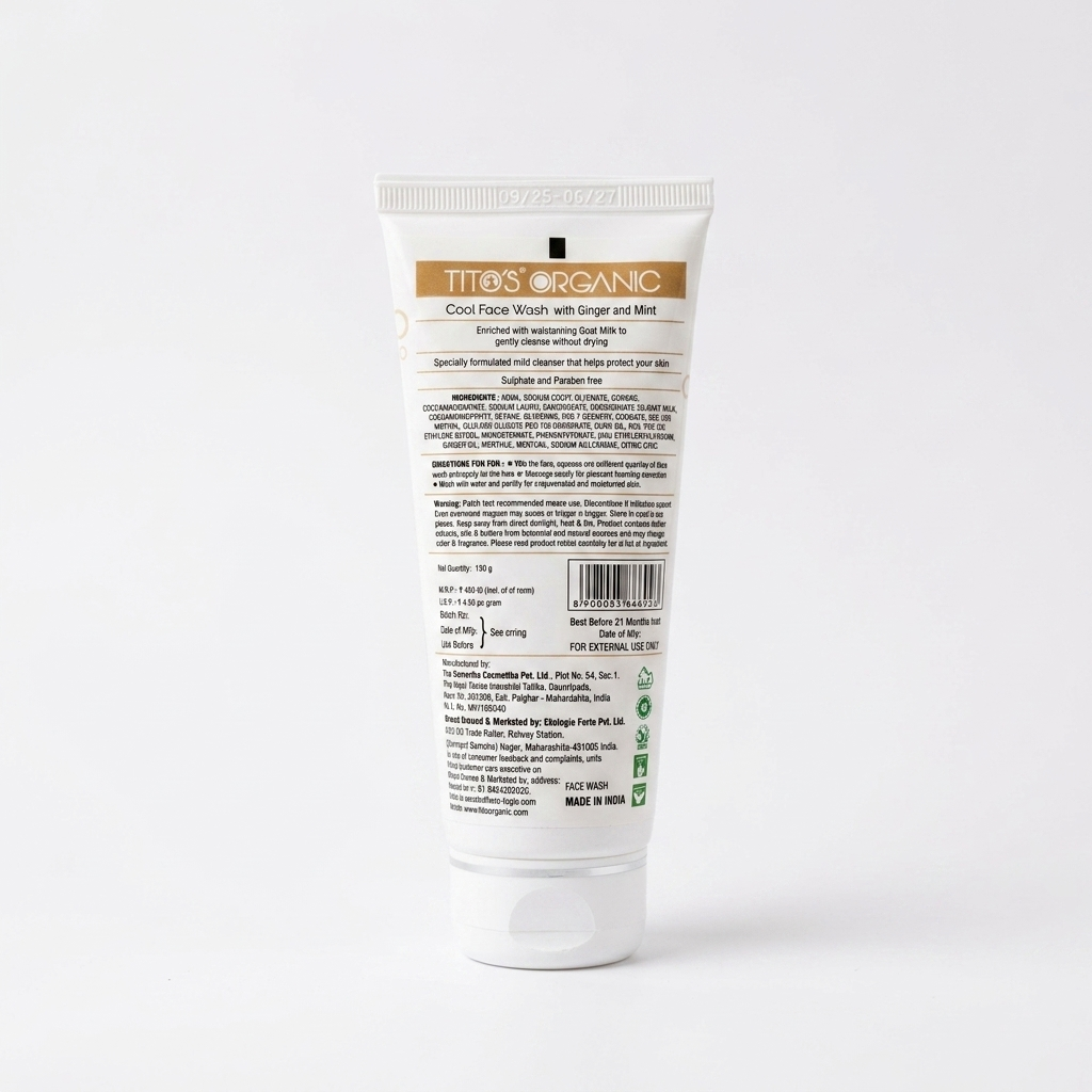 Back view of Tito’s Organic Goat Milk Cool Face Wash showing ingredients, usage instructions, and product details