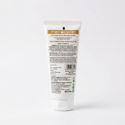 Back view of Tito’s Organic Goat Milk Cool Face Wash showing ingredients, usage instructions, and product details