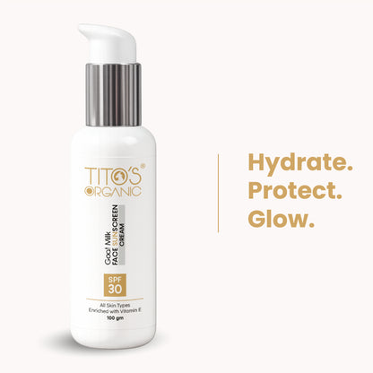 Tito’s Organic Goat Milk Face Sunscreen Cream SPF 30 with Vitamin E for daily sun protection and skin nourishment, 100g