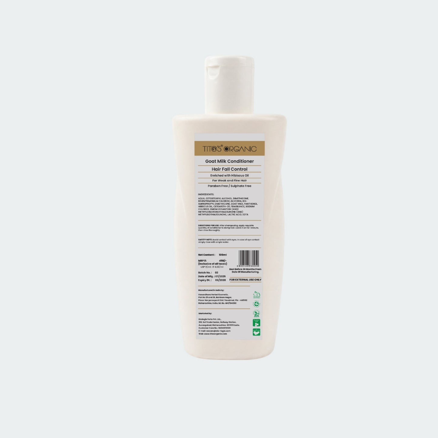 Back label of Tito’s Organic Goat Milk Hair Fall Control Conditioner showing ingredients directions and product details