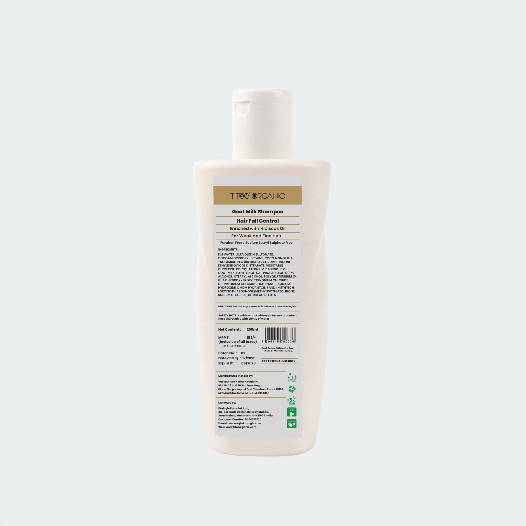 Bottle of shampoo with label on a white background