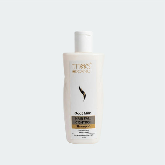 Titos Organic Goat Milk Hair Fall Control Shampoo bottle on a white background