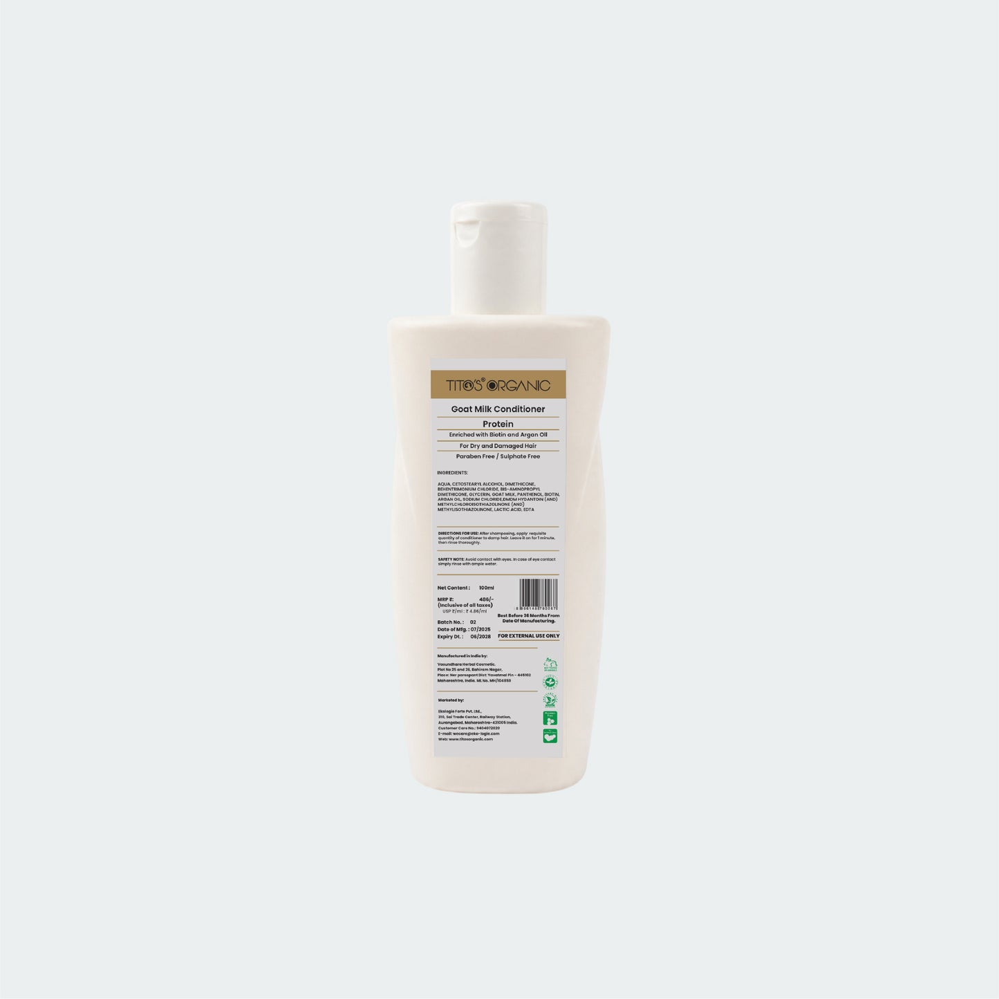 Back label of Tito’s Organic Goat Milk Protein Conditioner showing ingredients directions and product information
