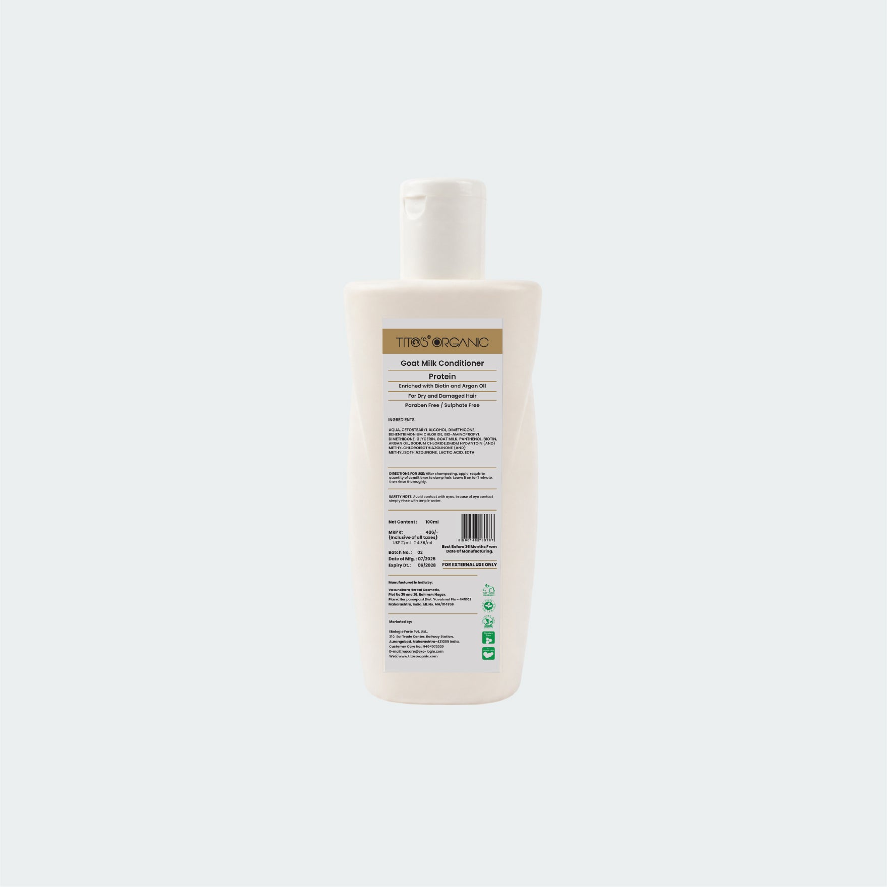 Back label of Tito’s Organic Goat Milk Protein Conditioner showing ingredients directions and product information
