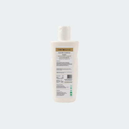 Back label of Tito’s Organic Goat Milk Protein Conditioner showing ingredients directions and product information
