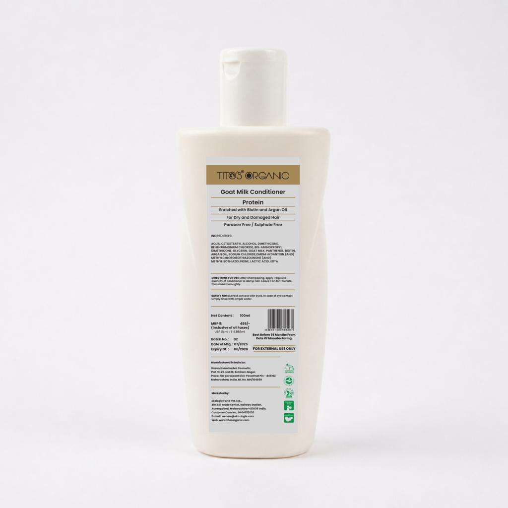 Back label of Tito’s Organic Goat Milk Protein Conditioner showing ingredients directions and product information