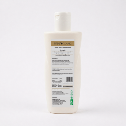 Back label of Tito’s Organic Goat Milk Protein Conditioner showing ingredients directions and product information