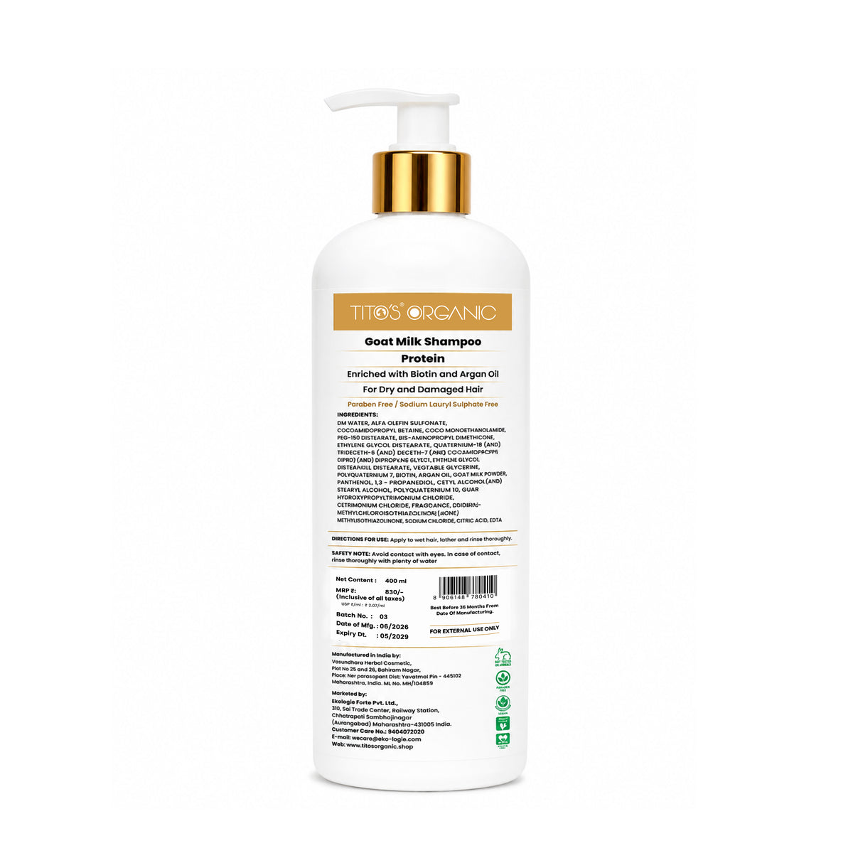 Tito's Organic Goat Milk Protein Shampoo 400ml back view