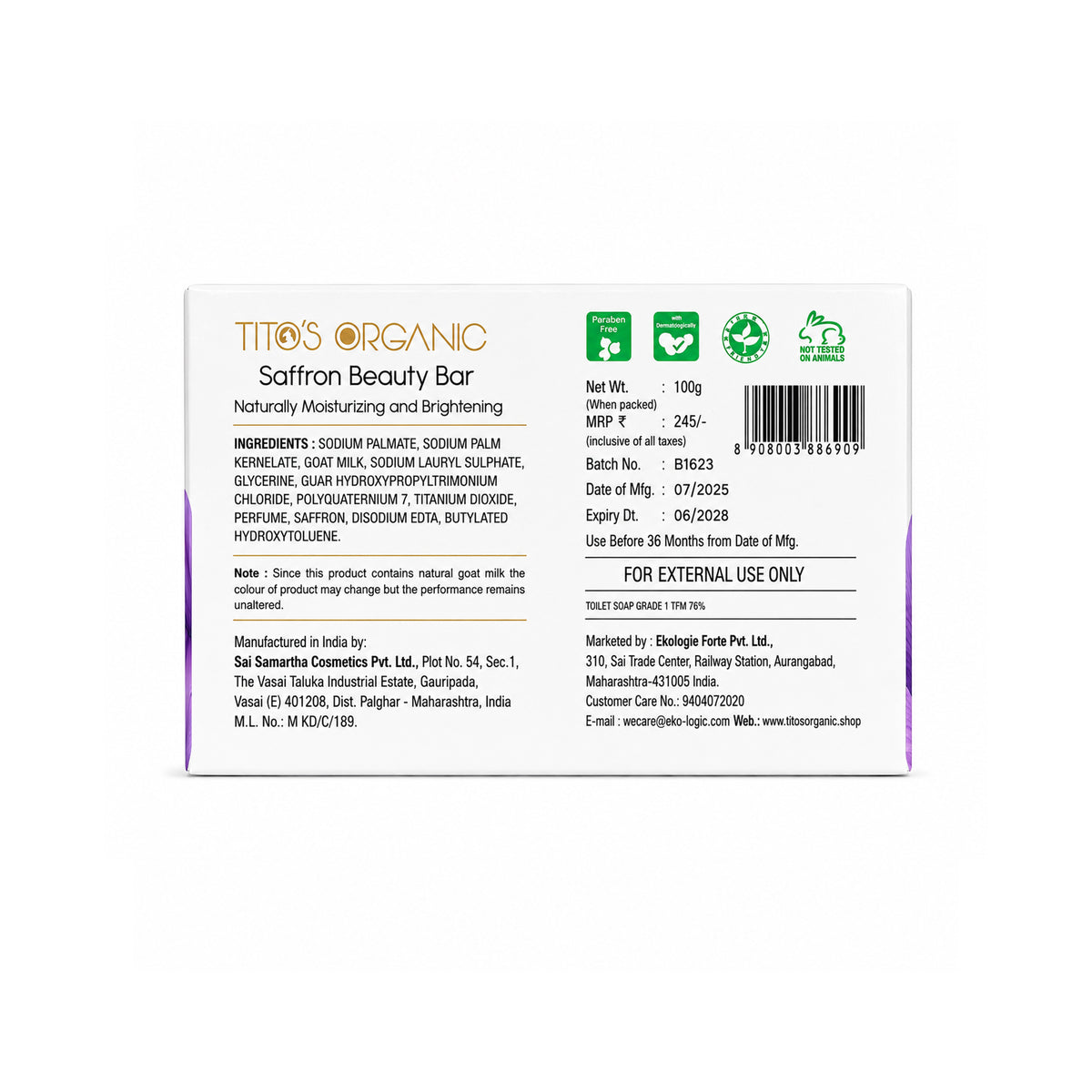 Tito's Organic Goat Milk Saffron Beauty Bar 75g back view