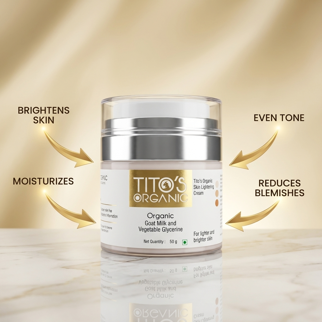 Tito’s Organic Goat Milk Skin Lightening Cream benefits including brightens skin moisturizes reduces blemishes and evens skin tone