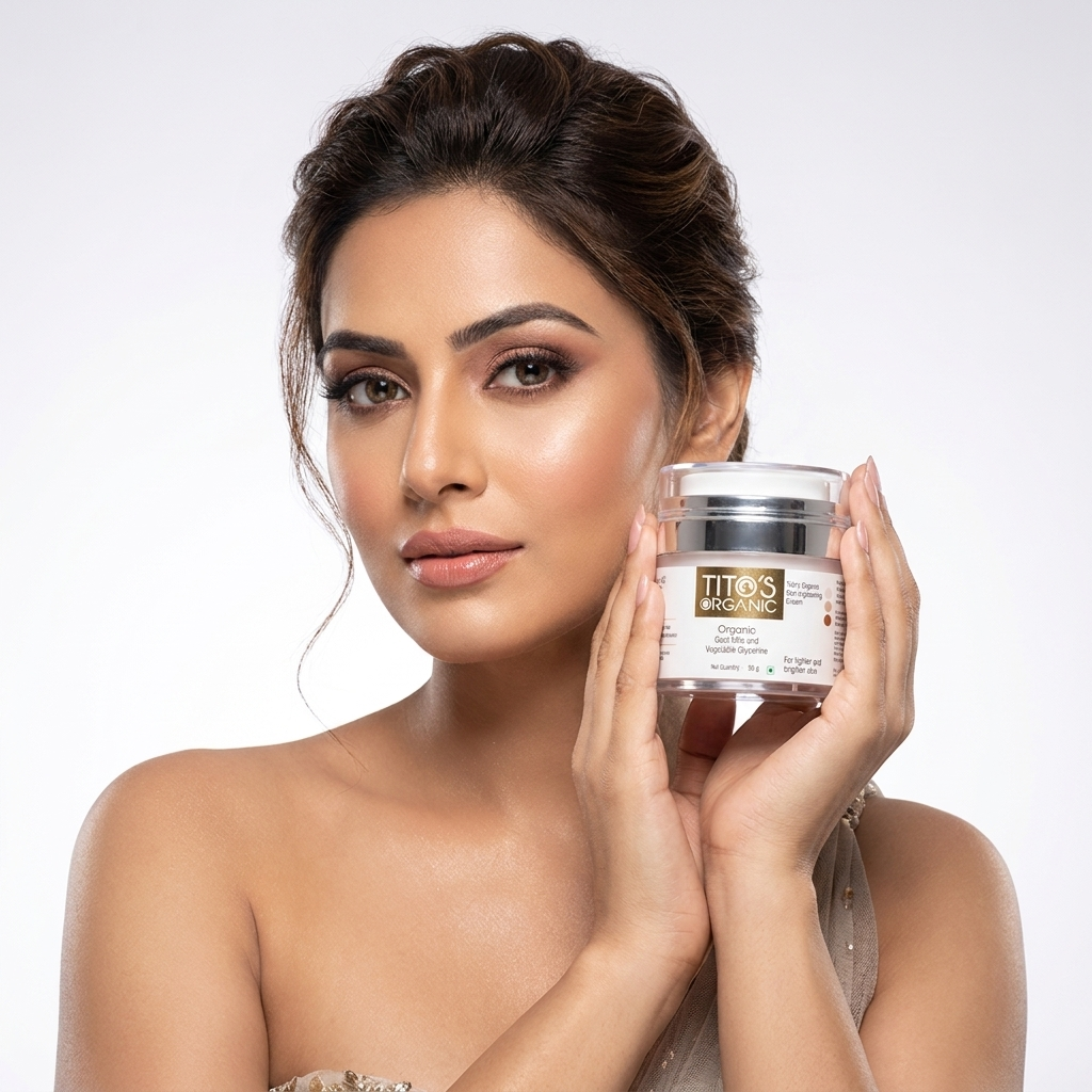 Woman holding Tito’s Organic Goat Milk Skin Lightening Cream showcasing glowing skin and skincare results