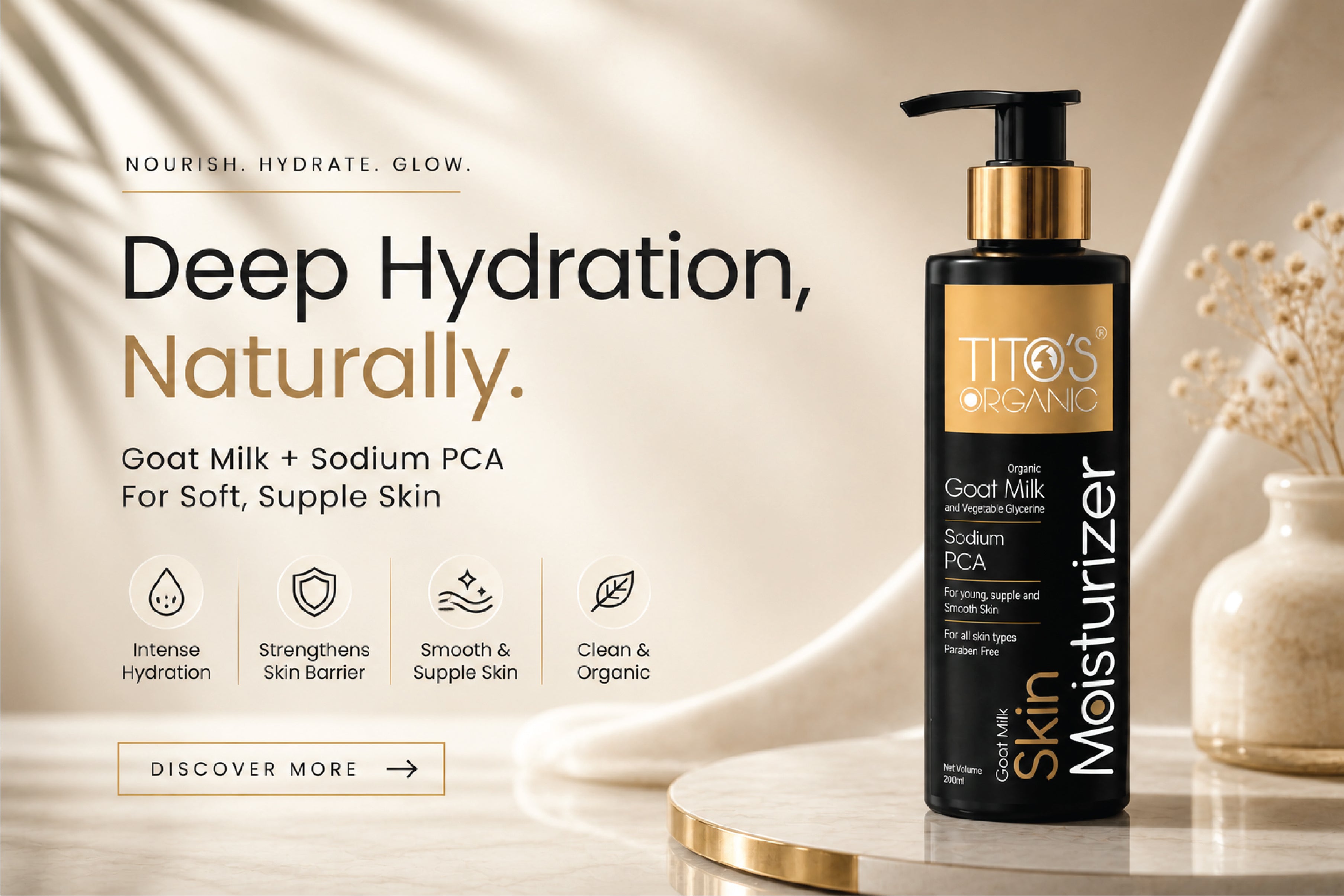 Goat Milk Skin Moisturizer banner highlighting deep hydration soft supple skin and skin barrier support Tito’s Organic