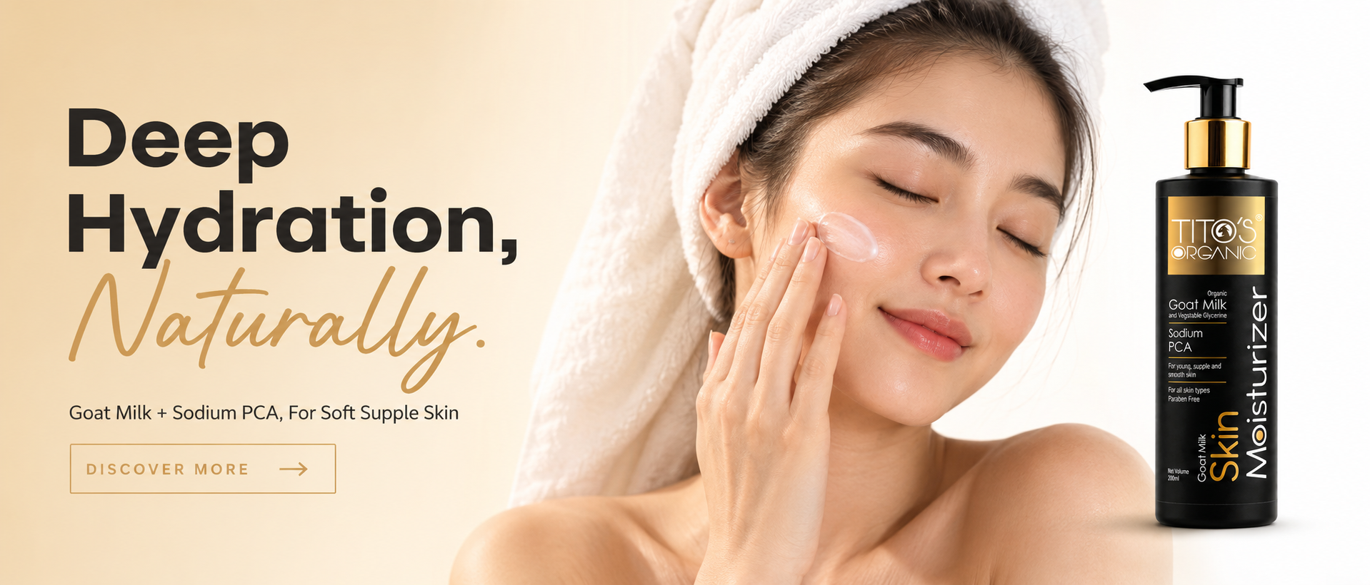 A woman with a white towel wrapped around her hair applies cream to her cheek beside a black pump bottle labeled TMC Deep Hydration Skin Moisturizer, on a warm beige background with promotional text.