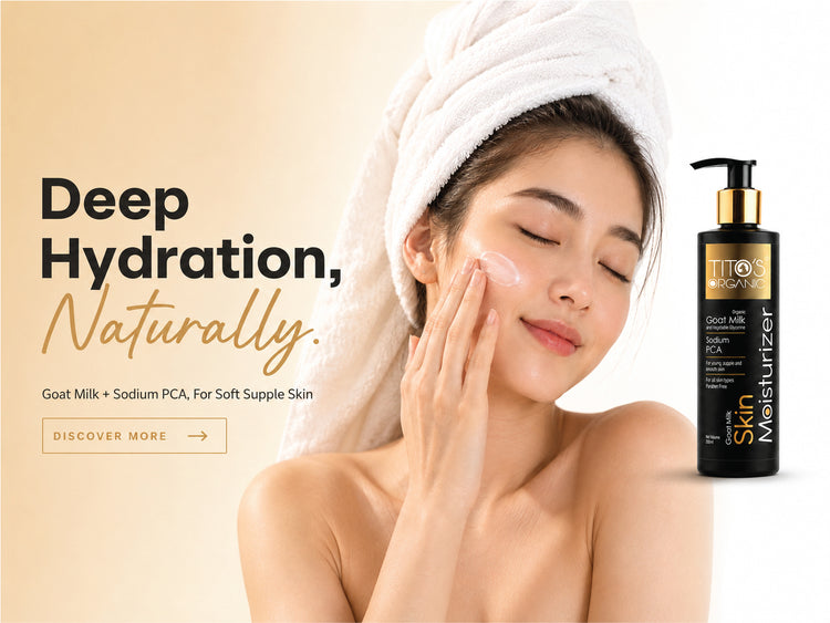 A woman with a white towel wrapped around her hair applies cream to her face next to a black and gold bottle of TITO XOX Deep Hydration, Naturally Skin Moisturizer on a warm beige background.