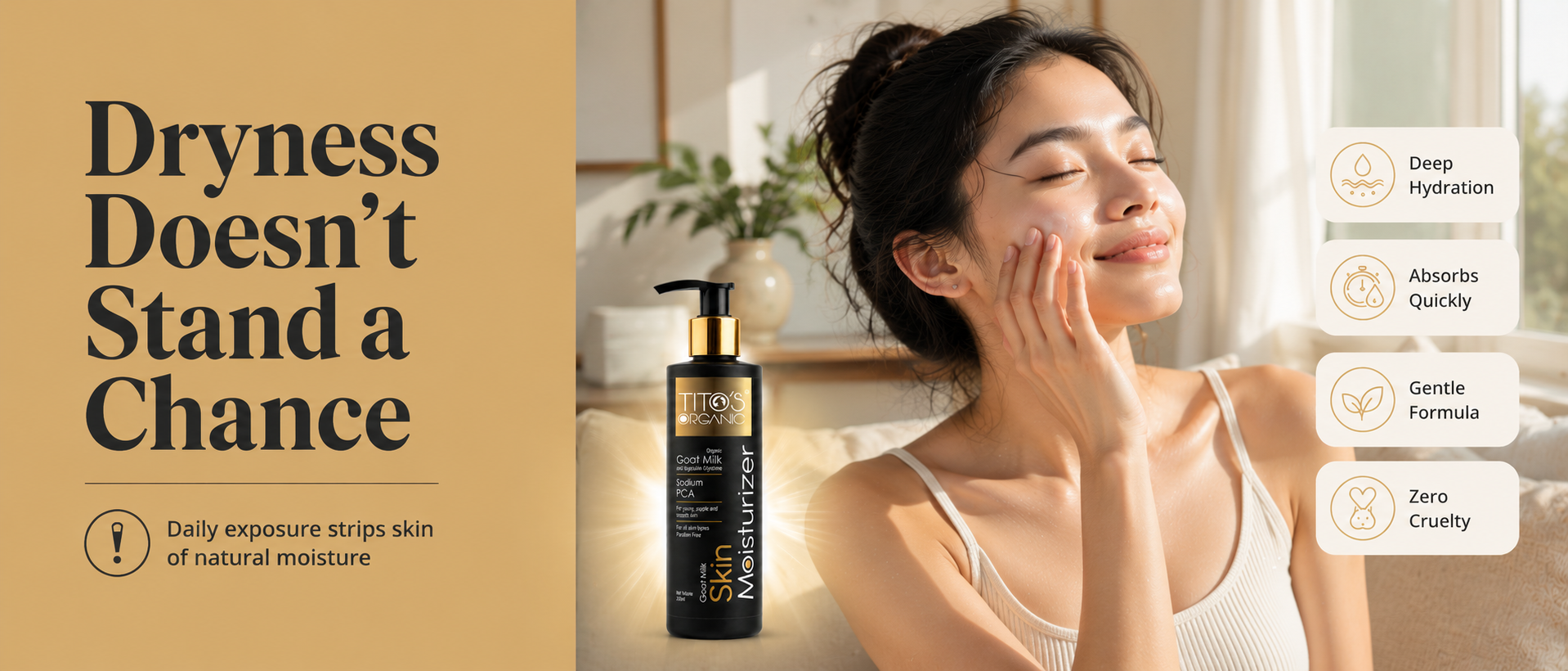 A skincare ad showing a woman applying cream to her face beside a black bottle labeled UTOS Skin Moisturizer. Large text on the left reads 'Dryness Doesn't Stand a Chance,' with feature callouts on the right.