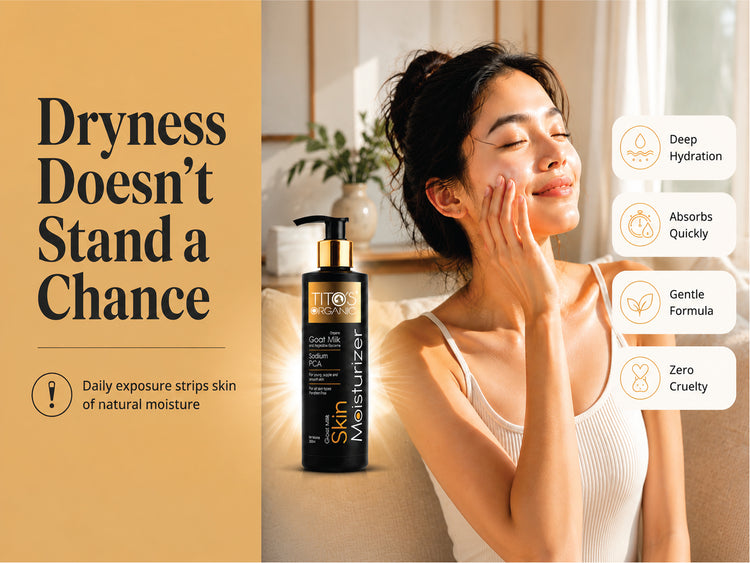 A promotional skincare ad showing a woman applying or touching her face beside a bottle of skin moisturizer. Large text on the left reads 'Dryness Doesn’t Stand a Chance,' and callout bubbles on the right list benefits like deep hydration, quick absorption, gentle formula, and zero cruelty.