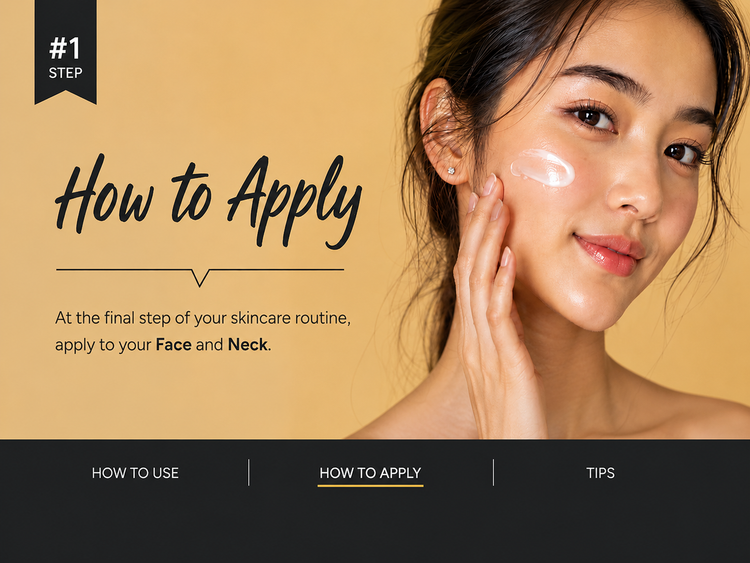 Instructional graphic titled 'How to Apply' showing a woman with cream on her face against a warm beige background, with text explaining skincare application and a dark navigation bar at the bottom.