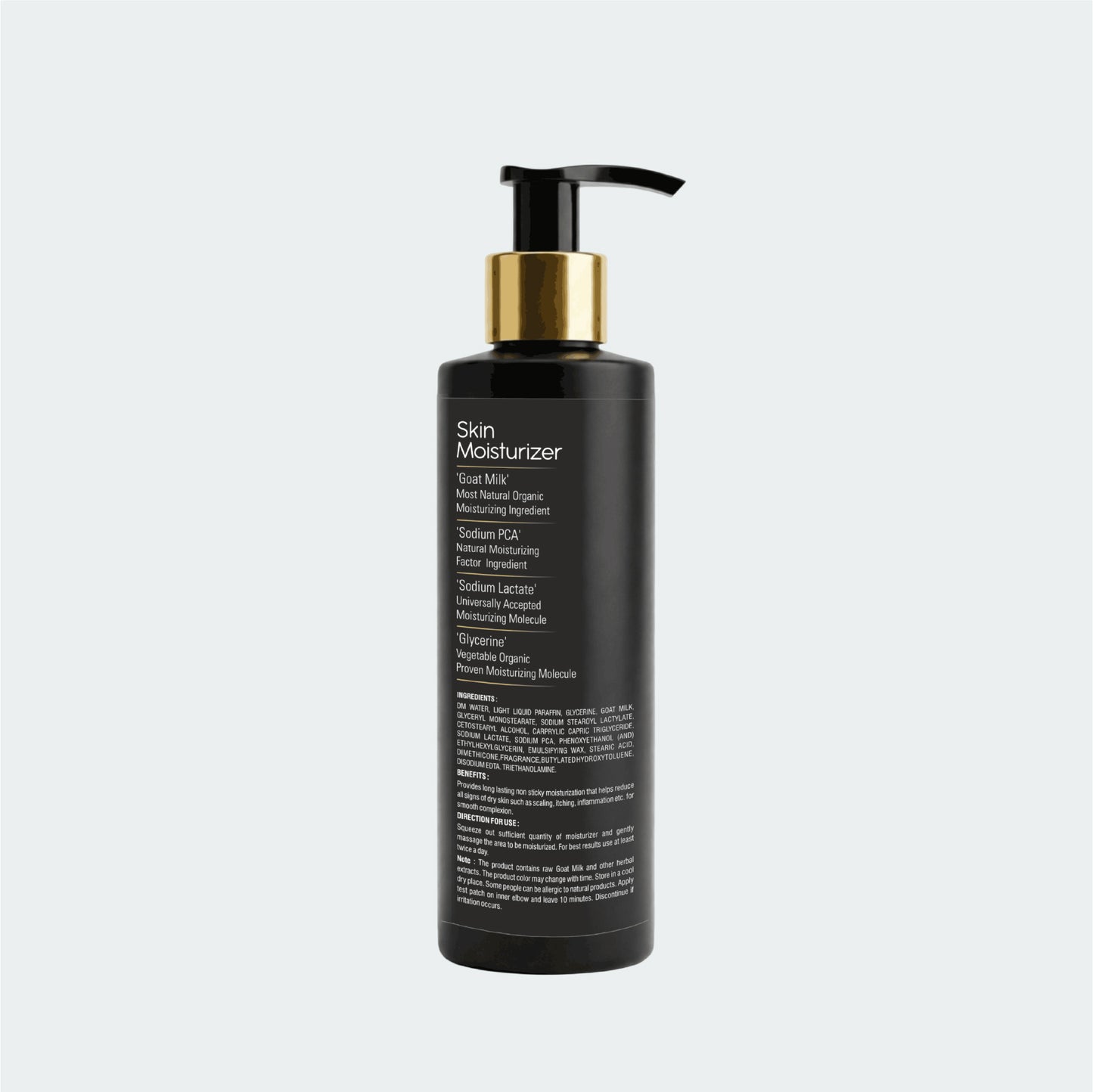 Back label of Tito’s Organic Goat Milk Skin Moisturizer showing ingredients directions and moisturizing benefits