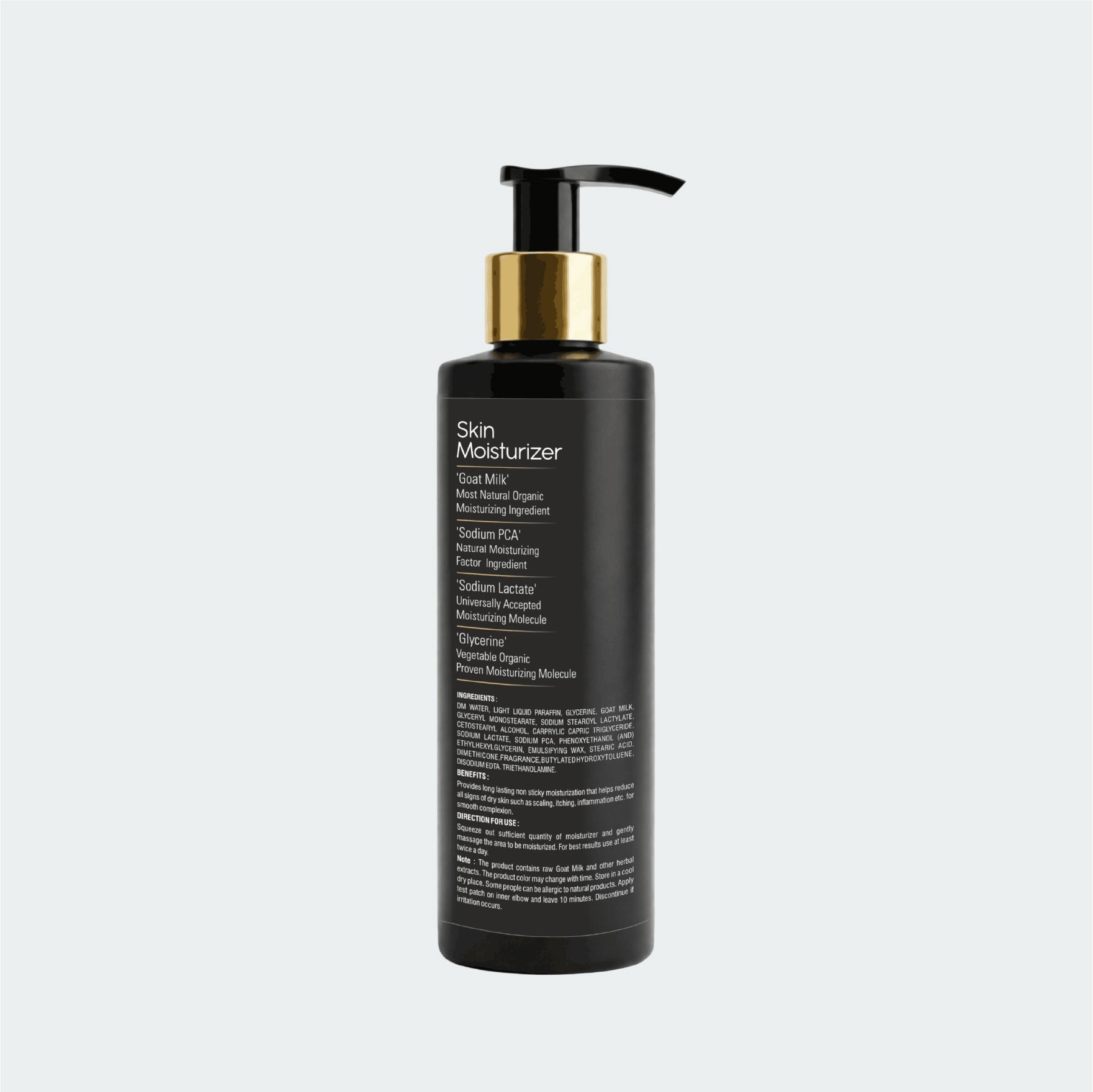 Back label of Tito’s Organic Goat Milk Skin Moisturizer showing ingredients directions and moisturizing benefits