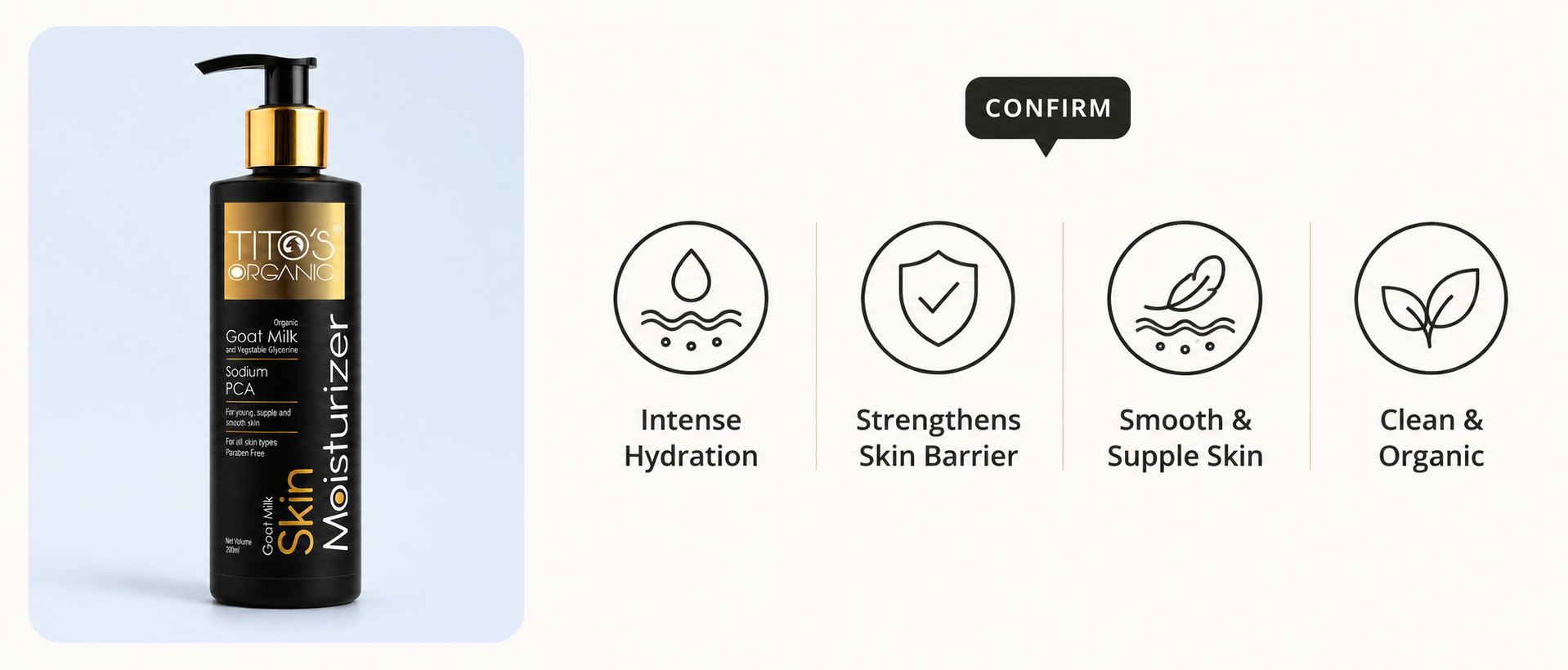 A bottle of Titmac Skin Moisturizer shown on the left, with four feature icons and text on the right reading 'Intense Hydration', 'Strengthens Skin Barrier', 'Smooth & Supple Skin', and 'Clean & Organic'.