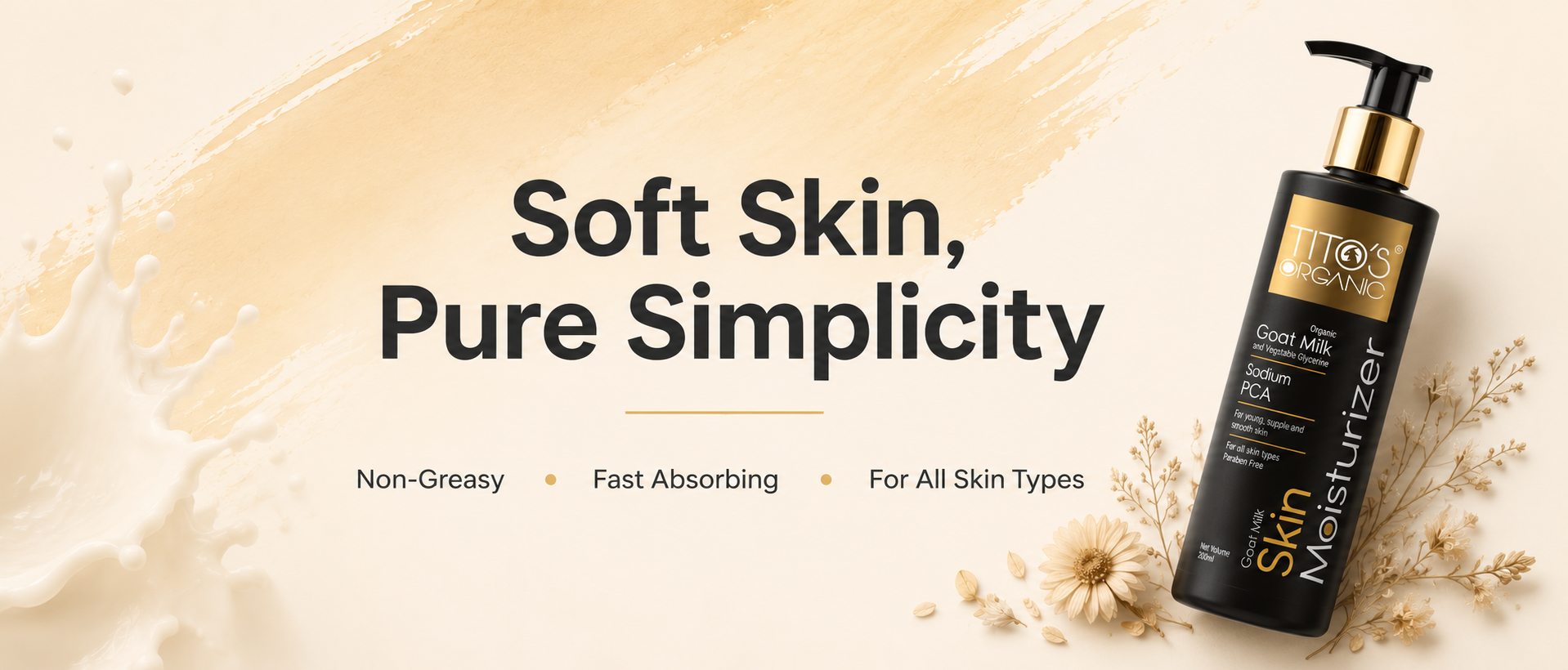 A bottle of ITOS SKIN Moisturizer shown on a warm beige background with decorative dried flowers and text reading 'Soft Skin, Pure Simplicity' and 'Non-Greasy • Fast Absorbing • For All Skin Types.'.