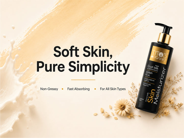 A bottle of ITOS Organics Goat Milk Skin Moisturizer placed on a cream background with a gold paint stroke, a white splash, and small dried flowers. Text reads 'Soft Skin, Pure Simplicity' with additional product benefits below.