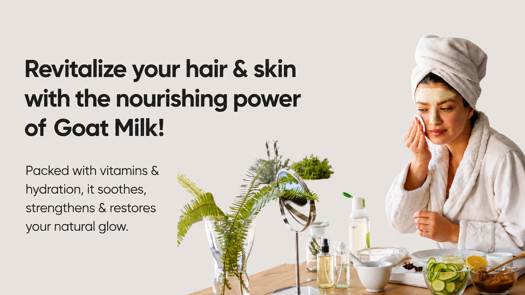 Woman applying goat milk skincare face mask highlighting the nourishing benefits of goat milk for skin and hair
