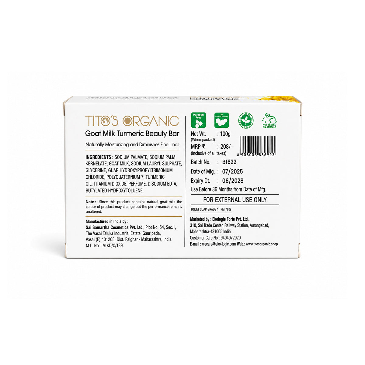 Tito's Organic Goat Milk Turmeric Beauty Bar 75g back view