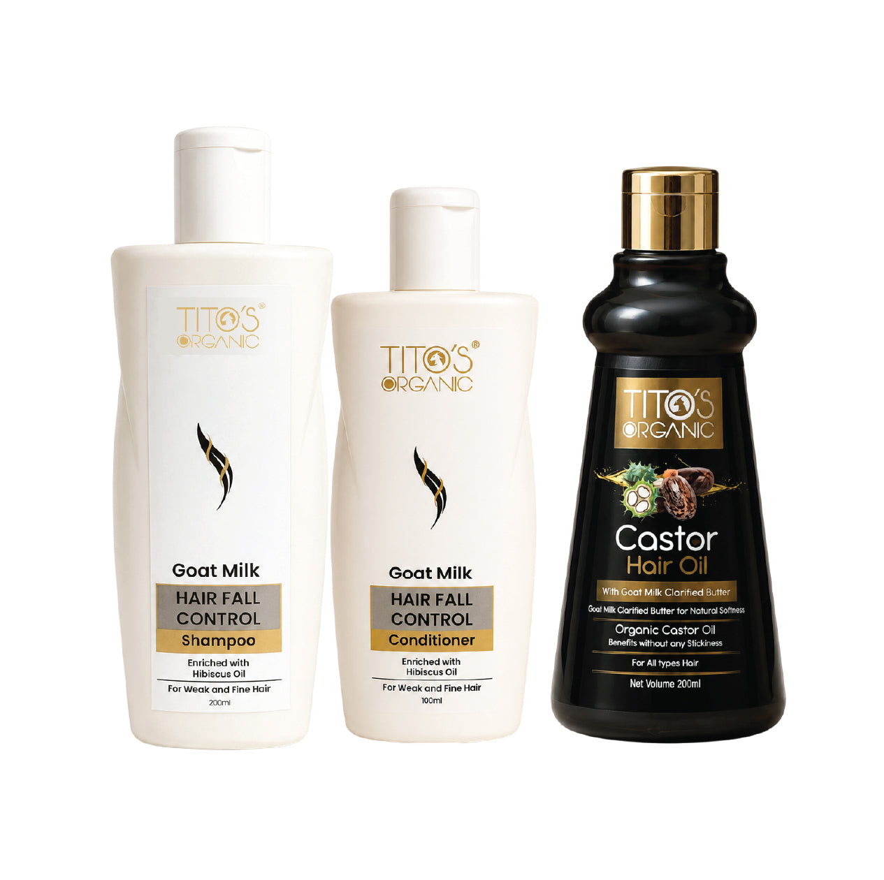 Tito's Organic Hair Care Kit with Goat Milk Hair Fall Control Shampoo, Conditioner and Organic Castor Hair Oil