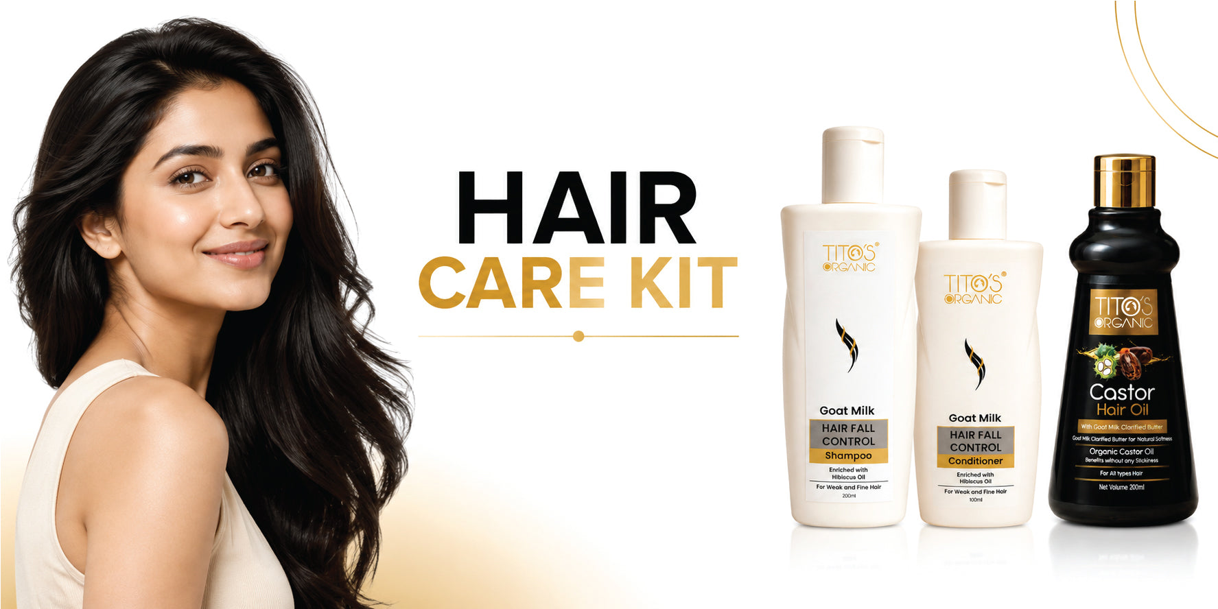 Tito's Organic Hair Care Kit featuring Goat Milk Hair Fall Control Shampoo, Conditioner and Organic Castor Hair Oil for a complete daily hair care routine.