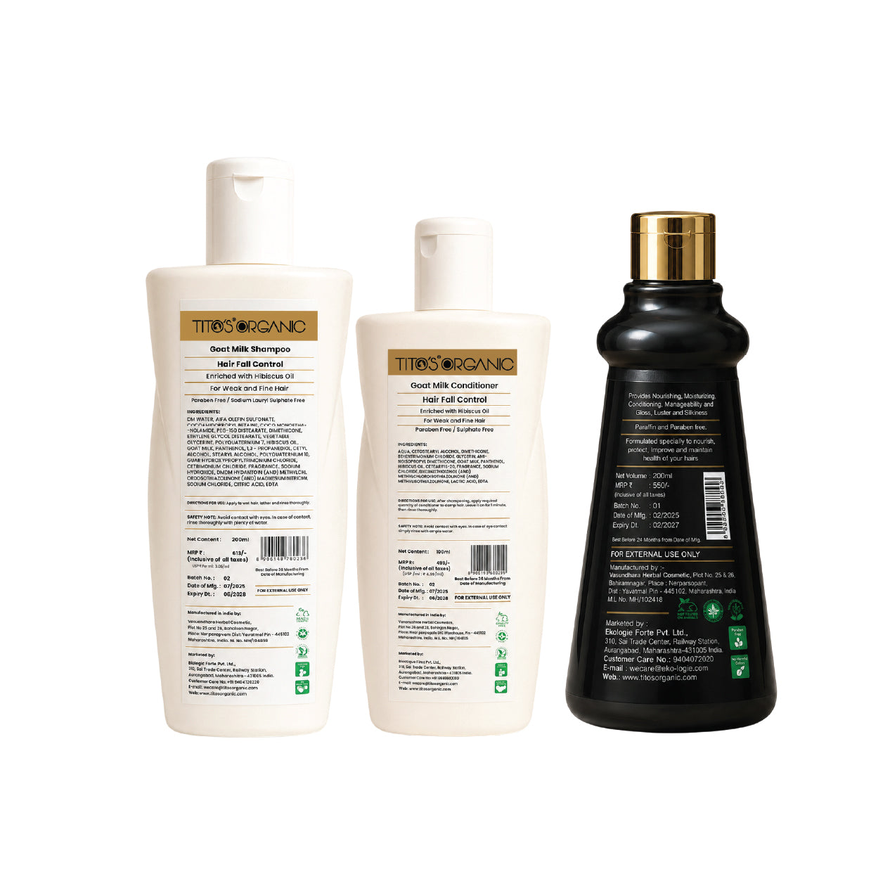 Back view of Tito's Organic Hair Care Kit showing ingredients, usage instructions and product details