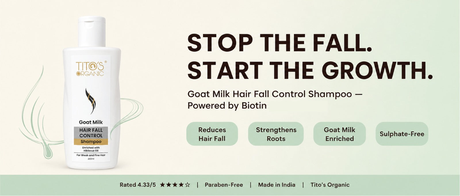 Tito's Organic Goat Milk Hair Fall Control Shampoo bottle on the left, next to marketing text on a pale green background. The text reads 'STOP THE FALL.