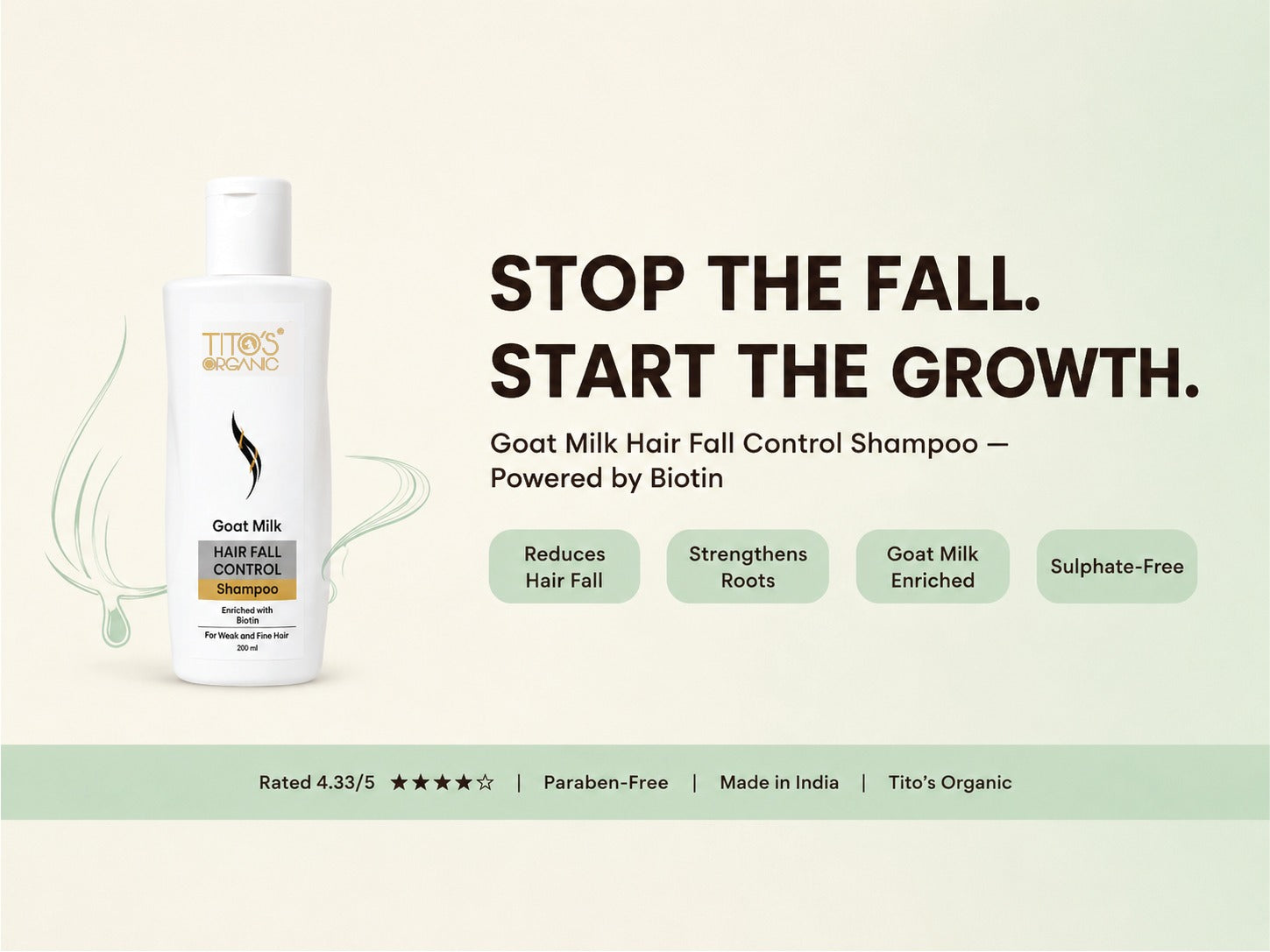 A bottle of Tito's Organic Goat Milk Hair Fall Control Shampoo displayed on a light cream background with promotional text and feature badges.