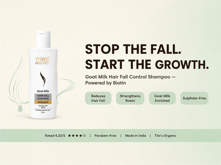A bottle of Tito's Organic Goat Milk Hair Fall Control Shampoo displayed on a light cream background with promotional text and feature badges.