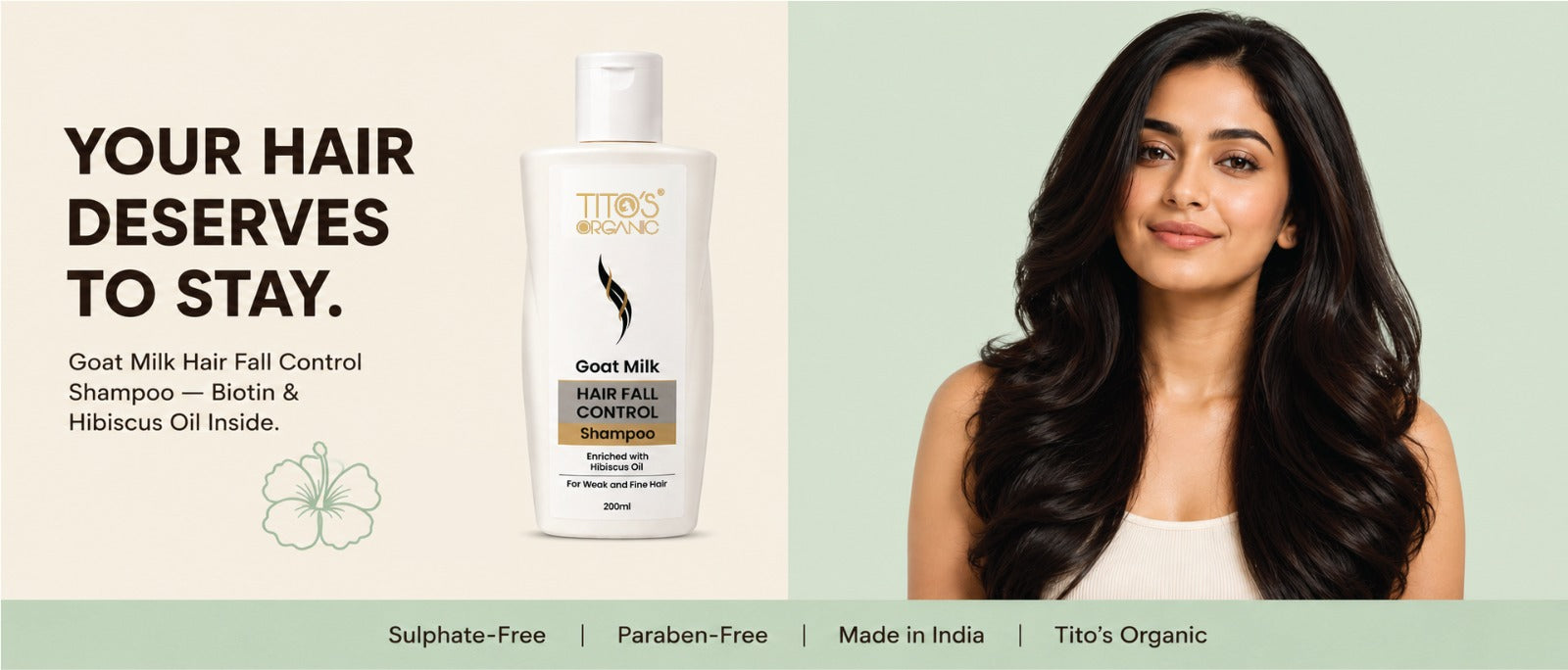 Tito's Organic Goat Milk Hair Fall Control Shampoo bottle shown next to a smiling woman with long, wavy dark hair on a light green background, with promotional text on the left.