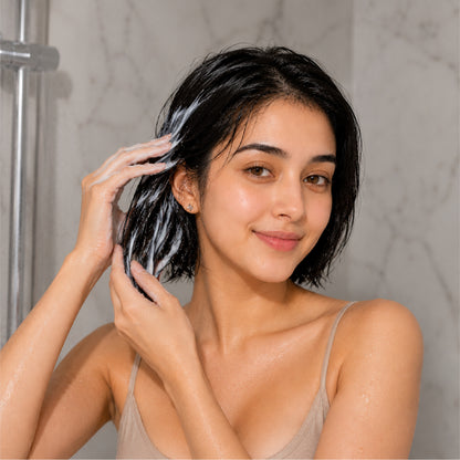 Woman applying Tito’s Organic Goat Milk Hair Fall Control Conditioner to wet hair