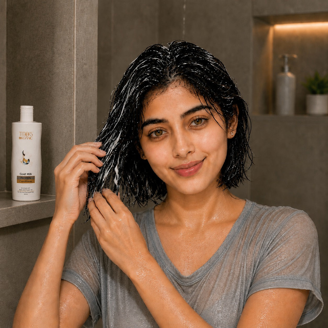 Woman using Tito’s Organic Goat Milk Protein Conditioner for dry and damaged hair care