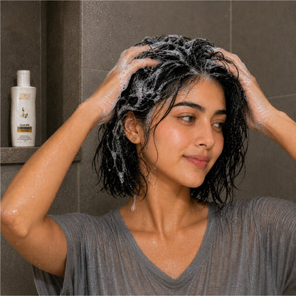 Woman washing hair with Tito’s Organic Goat Milk Protein Shampoo in shower