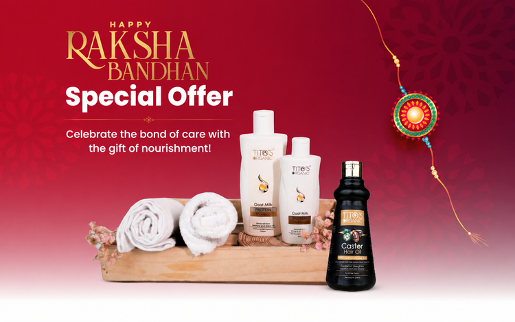 Raksha Bandhan special offer advertisement featuring a set of hair care products on a wooden tray, including two white bottles and one black bottle of Nutra Hair Care Castor Oil, alongside rolled white towels and a decorative Rakhi on a red festive background.